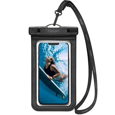 Abbildung von Spigen AquaShield Universelle wasserdichte Handytasche, Handyhülle, PVC Schutzhülle mit IPX8 A601, kompatibel iPhone, Galaxy, Google (1 Stück) Transparent Schwarz