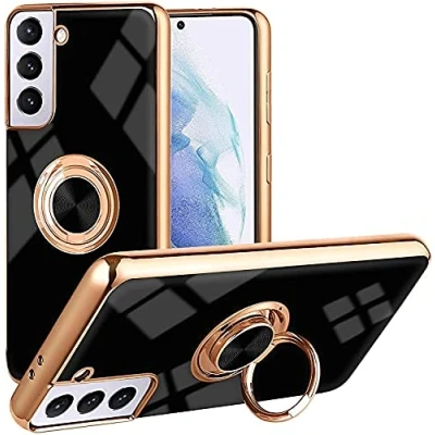 Abbildung von iBEX Handyhülle für Samsung Galaxy S21 fe,Überzug Glänzende TPU Schutzhülle Mit Ringständer, Roségoldene Kante Stoßfester Kantenstoß, Schlanke, Weiche Hülle Schwarz