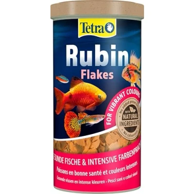 Abbildung von Tetra Rubin Flakes Fischfutter in Flockenform mit natürlichen Farbverstärkern, unterstützt eine intensive Farbenpracht der Fische, 1 L Dose