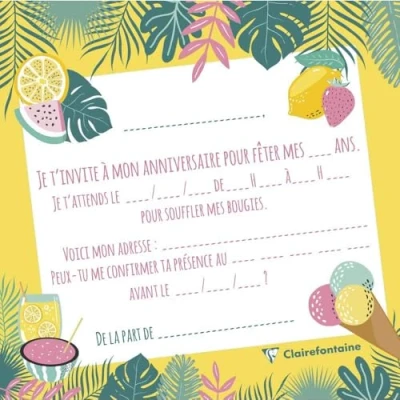 Abbildung von Clairefontaine 20032C ein Einladungs Set zum Geburtstag, bestehend aus 8 einfachen Karten, 11,6 x cm + Umschlägen 12 cm, Tropical