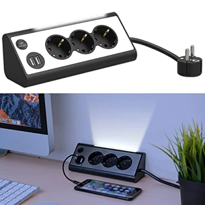 Abbildung von revolt Ecksteckdose: 3 Fach Eck Steckdosenleiste mit 2 USB Lade Ports und LED Nachtlicht (dreieckige Steckdosenleiste, Mehrfachsteckdose Ecke, Apple iPhone Ladekabel)