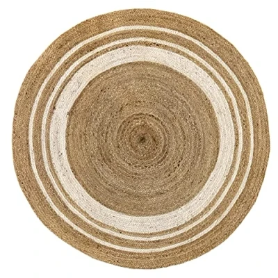 Abbildung von HAMID Jute Teppich Rund, Alhambra Handgewebt 100% Naturfaser de Jute, Wohnzimmer, Schlafzimmer, Flurteppich, Farbe Natur/Weiß (150x150cm)