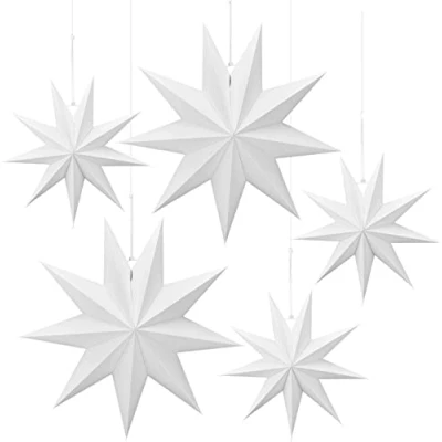 Abbildung von Linkbro 5 Stück Papiersterne weiß, 30 cm x 3 + 45 2, Faltsterne Weihnachten Papier Weihnachtsdeko, 9 Zacken Weihnachtssterne für Zimmer Fenster