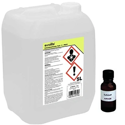 Abbildung von 5 Liter Eurolite P (Profi) Nebelfluid + 30 ml Duftstoff Kirsche, Smoke Fluid, Nebel Fluid Flüssigkeit für Nebelmaschine (5 L Duft Kirsche)