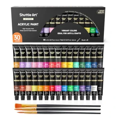 Abbildung von Shuttle Art Acrylfarben Set, 30 wasserfest (je 12 ml) mit 3 Pinselset, perfekte Set Kinder, Farben für Holz, Leinwand, Tontöpfen, Stein und Kunststoff, Acryl