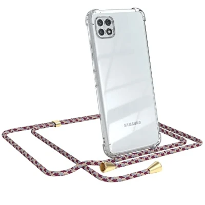 Abbildung von EAZY CASE Handykette kompatibel mit Samsung Galaxy A22 5G Handyhülle Umhängeband, Handykordel Schutzhülle, Silikonhülle, Hülle Band, Stylische Kette Hülle, Bordeaux Camouflage