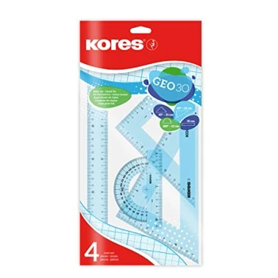 Abbildung von Kores Geo30: 4 teilges Mathematik Set für Kinder und Schüler, Kunststoff Geometrie mit Lineal, Winkelmesser Zeichendreieck, Schulbedarf, in sortierten Farben