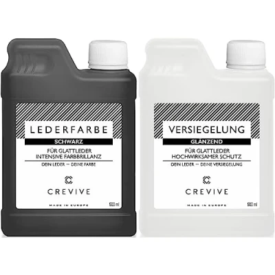 Abbildung von CREVIVE Lederfarbe Schwarz 500 ml &amp; Leder Versiegelung Glänzend für Echtleder zum färben und umfärben Schutz zur Fixierung von Farbe Sofa Auto