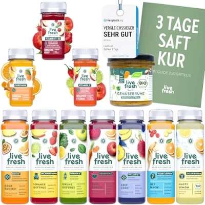 Abbildung von LiveFresh 3 Tage Saftkur + Bio Gemüsebrühe 21 Säfte (250ml) &amp; 9 Shots (60ml) kaltgepresst ohne Zuckerzusatz Brühe Zusätze Inkl. Booklet Frisch gepresste Fruchtsäfte 5,25 Pfand