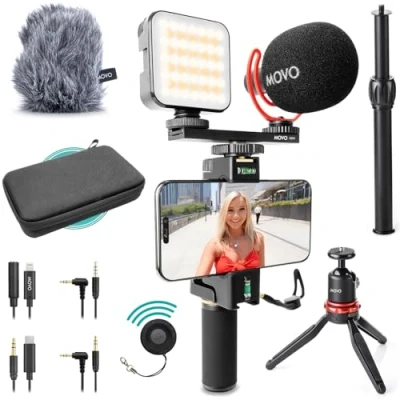 Abbildung von Movo iVlogger PRO Vlogging Kit für iPhone/Android YouTube Starter Content Creator Zubehör: Handy Stativ, Halterung, RGB Licht und VXR10 Richtmikrofon