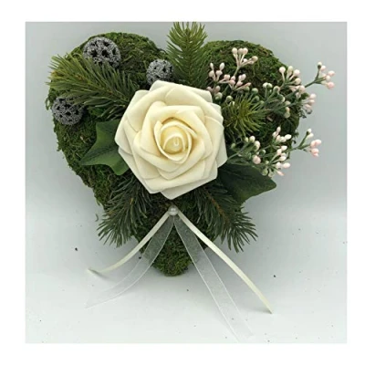 Abbildung von Radami Grabgesteck Grabschmuck Grabaufleger Moosherz Grabherz Trauerherz Grab Herz Gesteck und Rose (Rose Creme)