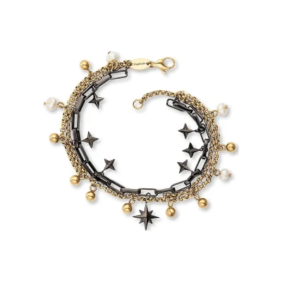 Abbildung von Engelsrufer Damen Armband Boho aus schwarzem und vergoldetem Edelstahl mit Sterne Perlen Anhänger in zwei Längen verstellbar nickelfrei