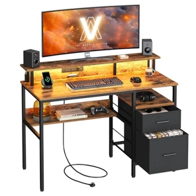 Abbildung von VASAGLE Schreibtisch mit Stoff Schubladen, Computertisch Monitorständer, LED Beleuchtung, 55 x 120 90 cm, eingebaute Steckdosen, 2 USB Anschlüsse, für Homeoffice, vintagebraun LWD093K01