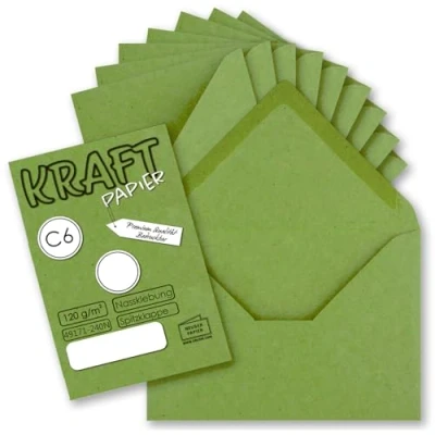 Abbildung von 25x Kraftpapier Umschläge DIN C6 Hellgrün 11,4 x 16,2 cm ohne Fenster Vintage Briefumschläge mit Nassklebung Spitzklappe NEUSER PAPIER