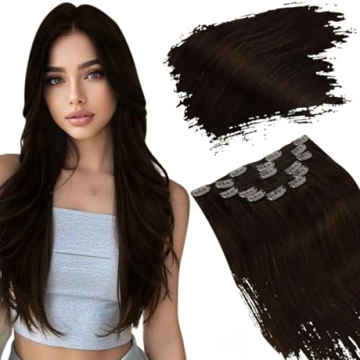 Abbildung von Ugeat Clip Extensions Echthaar Braun Unsichtbar in Dunkelbraun Remy Glatt Voller Kopf Doppelt Tressen 7 Stück 120g 40cm