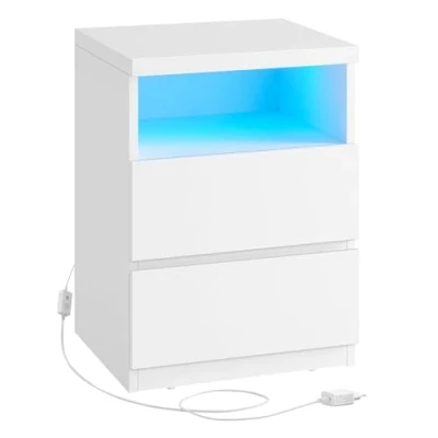 Abbildung von VASAGLE Nachttisch mit Verstellbarer LED Beleuchtung, Beistelltisch Schubladen, Schubladenschrank, Nachtschrank für Schlafzimmer, Wohnzimmer, moderner Stil, wolkenweiß LET634W01