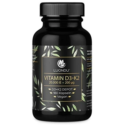 Abbildung von Luondu Vitamin D3 20.000 I.E + K2 MK7 200 mcg Depot (Hochdosiert &amp; Vegan) hochdosiert I Ohne Zusätze, Hergestellt in DE (180 Kapseln)