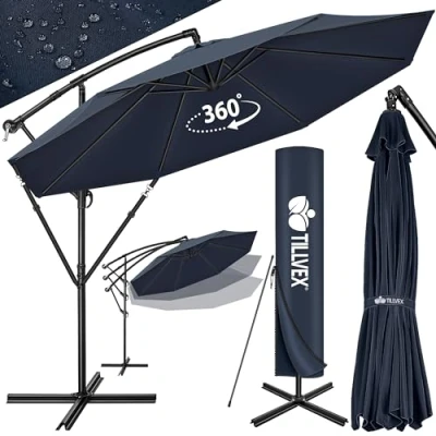 Abbildung von tillvex Alu Sonnenschirm + Abdeckung Ø 350 cm mit Kurbel Ampelschirm Ständer &amp; Windschutz Gartenschirm UV Schutz Aluminium Kurbelschirm Marktschirm wasserdicht 360 drehbar Navy Blau