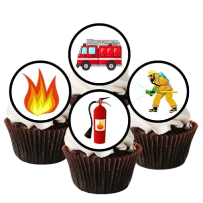 Abbildung von 24 x Cupcake Topper/ Dekorationen, Motiv: Feuerwehrmann / Feuerwehrmann, gesüßt, Vanillegeschmack, essbares Oblaten Reispapier