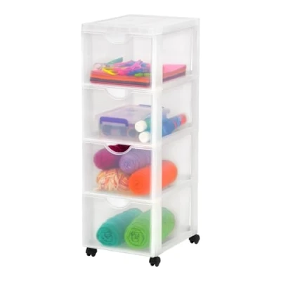Abbildung von Iris Ohyama Kunststoff Schubladenbox mit Rollen, 4 tiefen Schubladen, Mattweiß, Griffe zum Ziehen, Für Schlafzimmer, Schule &amp; Büro, BPA frei, Schubladenschrank, Rollcontainer, A4 Drawer, DDDC 304