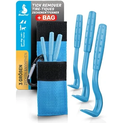 Abbildung von BluePet 3er Set Zeckenhaken für Hunde, Katze, Pferd &amp; Mensch I Zeckenzangen mit Tasche Zeckenhebel als bewährter Zeckenentferner Alternative zu Zeckenpinzette, Zeckendreher Zeckenmittel