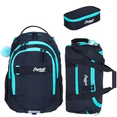 Abbildung von Elephant 3 Teile Set Schulrucksack Jungen Mädchen Signature Hero 2 Schultasche Laptopfach Rucksack + Sporttasche Mäppchen Box (Tiff Türkis 13015 (Schwarz Türkis))