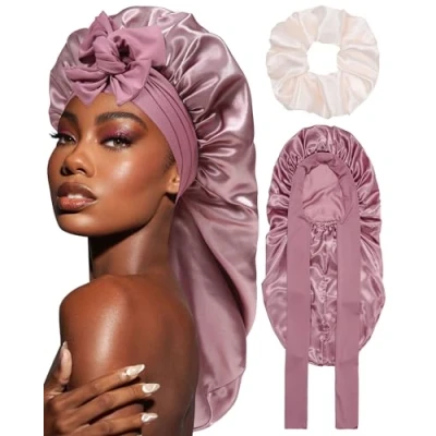 Abbildung von Coubeau Lange Schlafmütze Satin bonnet Seidenhaube zum Schlafen Nacht Schlaf Mütze Verstellbare Schlafkappe Kopfbedeckung Weiche Kopfhaube Schlafhaube Seide mit Gummizug für Damen und Mädchen