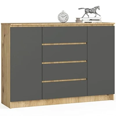 Abbildung von AKORD Kommode K 140 cm 4 Schubladen und 2 Türen zum Wohnzimmer Schlafzimmer Arbeitszimmer Modernes funktionales Design Schichtstoffplatte Farbe schwarz glänzend Eiche Artisan/Graphitgrau