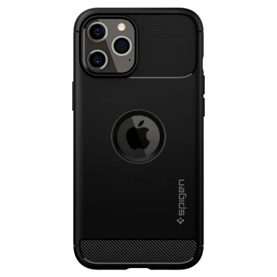 Abbildung von Apple iPhone 12 Hülle Silikon Spigen Soft Case/Backcover Handyhülle Schwarz Shockproof/Stoßfest