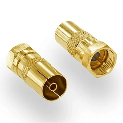 Abbildung von HB DIGITAL SAT Antennen Adapter: F Stecker (Satelliten DVB S/S2 Anschluß männlich) zu IEC Buchse (Kabelfernsehen C, Terrestrischer T2 weiblich) Koaxial TV Steckverbinder vergoldet