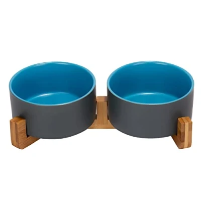 Abbildung von SPUNKYJUNKY Hundenapf Keramik Doppel Futternapf Katzennapf Wassernapf Fressnapf mit Bambus Ständer für Hund und Katzen (850ml, Blau Grau)
