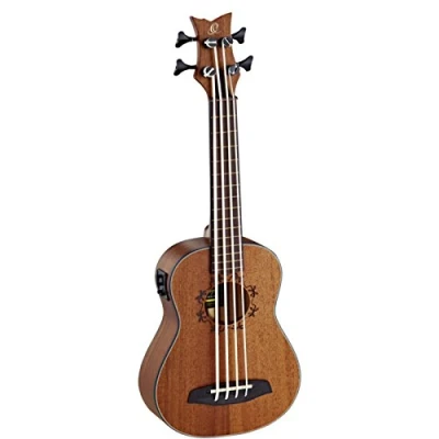 Abbildung von Ortega Guitars Bass Ukulele bundlos Lizard Series mit Geckogravur elektro akustisch inklusive Gigbag Mahagoni (LIZZY BSFL GB)