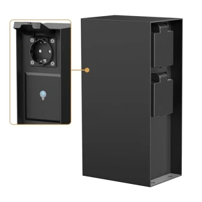 Abbildung von ledscom.de Garten Steckdosensäule POMI für außen, IP44, Smart Home, WLAN, Alexa, 3 Fach, Edelstahl, schwarz, eckig, 23 cm, Außensteckdose, Gartensteckdose, Steckdosenturm, Außensteckerdose