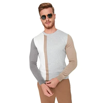 Abbildung von Trendyol Herren Colorblock Slim Sweater mit Rundhalsausschnitt Sweatshirt, Grau, X Large
