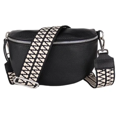 Abbildung von MIRROSI® Bauchtasche Damen, Echtleder, Made in Italy, Umhängetasche, Brusttasche, Crossbody Bag (1 Tasche &amp; 2 Gurte) (Schwarz (Zahnrad Schwarz), Mittelgroße (25x16x7cm))