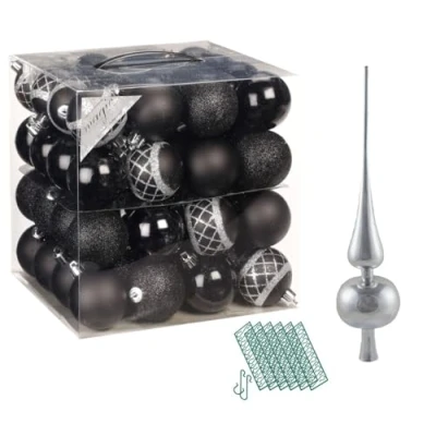Abbildung von JACK 64x Kunststoff Christbaumkugeln Ø 6cm + Spitze 28cm inkl. Aufhänger Dekor Kugeln Set Weiß Rot Gold Grün Blau Silber, Farbe:Schwarz