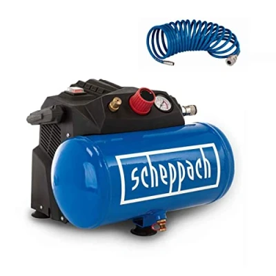 Abbildung von Scheppach Druckluft Kompressor HC06 ölfrei 6L Kessel 8 bar Arbeitsdruck 1200 Watt Leistung Ansaugleistung 200 L/min mobil &amp; kompakt Luftkompressor inkl. 5m Schlauch
