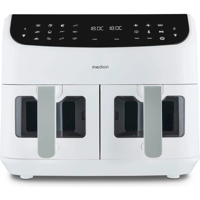 Abbildung von MEDION P20 XXL Heißluftfritteuse mit 2 Kammern (8,7 Liter, Airfryer, 2.600W, Doppelkammer, 9 Automatikprogramme, Schubladen, Sichtfenster, Dualer Dual Cook &amp; Sync Finish Funktion) matt