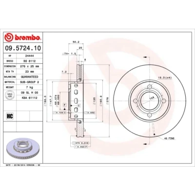 Abbildung von BREMBO 09.5724.10 Bremsscheibe 276 25 4 innenbelüftet AUDI: 80 B4 Avant, Limousine, Cabriolet