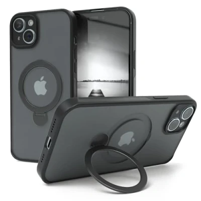 Abbildung von EAZY CASE MagSafe Handyhülle für iPhone 15 Plus kompatibel mit Hülle Ständer 360 Ring &amp; Magnetfunktion zum Aufstellen stoßfest Cover in Schwarz