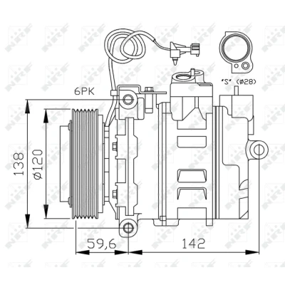 Abbildung von NRF 32377 Kompressor 7SBU16C 12 PAG 46 mit Kompressoröl, Dichtring SAAB: 9 5 Limousine, Kombi