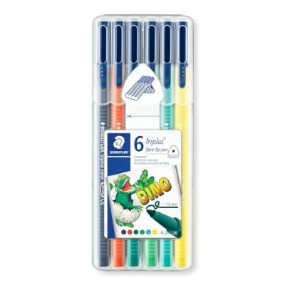 Abbildung von STAEDTLER triplus fibre tip pen, Fasermaler mit Mix &amp; Match System, eindrucksichere Spitze, ergonomische Dreikantform, Box 6 Fasermalern in den Farben Dinosaurier, 323SB6CS10