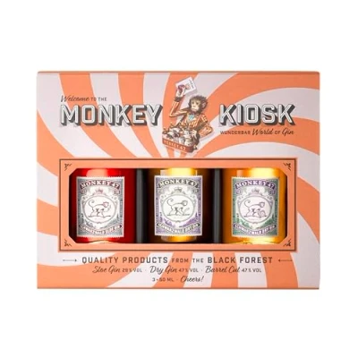 Abbildung von Monkey 47 Kiosk Set, Schwarzwald Gin Probierset mit Dry Gin, Sloe und Barrel Cut, Tasting Geschenk Box drei Miniatur Flaschen, 3 x 50ml