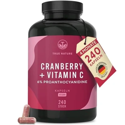 Abbildung von Cranberry Extrakt + Vitamin C 240 Kapseln hochdosiert 25:1 Extrakt, entspricht 25.000mg 6% Proanthocyanidine Vegan &amp; ohne Zusätze Deutsche Produktion TRUE NATURE