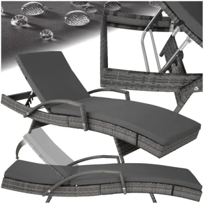 Abbildung von tectake® Polyrattan Sonnenliege, Gartenliege mit 5 Fach Verstellbarer Rückenlehne, wetterfest, Outdoor Relaxliege weicher Polsterauflage, Rattanliege für Garten, Balkon und Terrasse grau