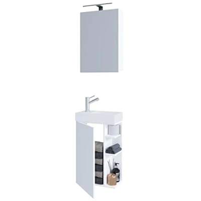 Abbildung von VCM 3 TLG Badmöbel Set Gäste WC Gästebad Waschplatz Waschtisch klein schmal Lumia Spiegelschrank Weiß