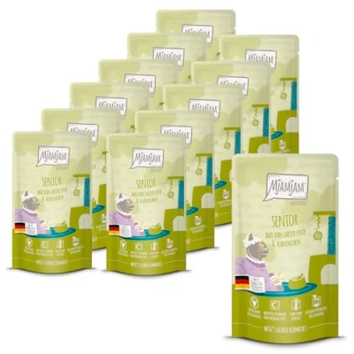 Abbildung von MjAMjAM Premium Nassfutter für Katzen Quetschie Senior DUO von zarter Ente &amp; Kaninchen, 12er Pack (12x125g), getreidefrei