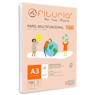 Abbildung von Packung mit 100 weißen DIN A3 Blättern, 160g Druckerpapier. Multifunktionales Kopierpapier für Schule und Büro. Ideal Laserdrucker, Tintenstrahldrucker oder Kopierer Ofituria