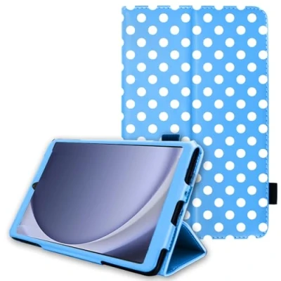 Abbildung von TECHGEAR Lederhülle für Samsung Galaxy Tab A9 8.7 (SM X110 / SM X115), hochwertiges PU Leder, schlankes Folio Standgehäuse mit Handschlaufe [Polka/Blau]