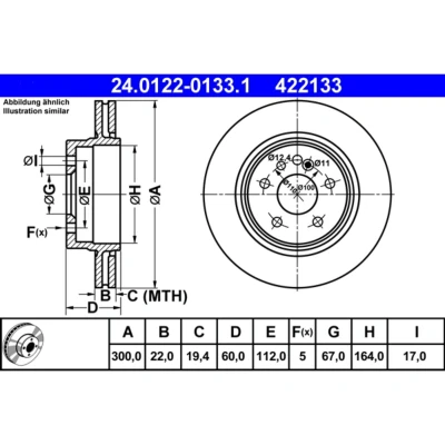 Abbildung von ATE 24.0122 0133.1 Bremsscheibe 300,0 22,0 5 112,0 Belüftet hochgekohlt MERCEDES BENZ: S Klasse Limousine, Coupe